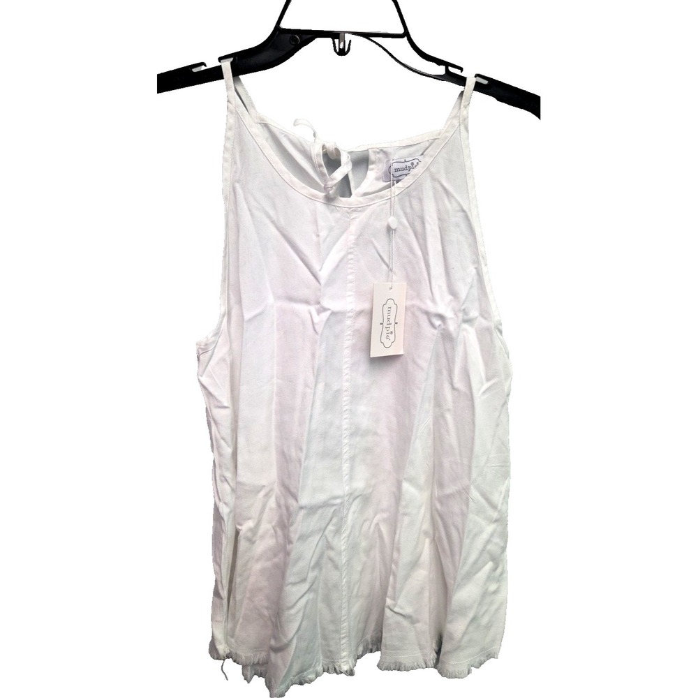 Mud Pie White Tia Tank Top Size S Fray Raw Hem Peek Hole Tie Back Sleeveless NWT